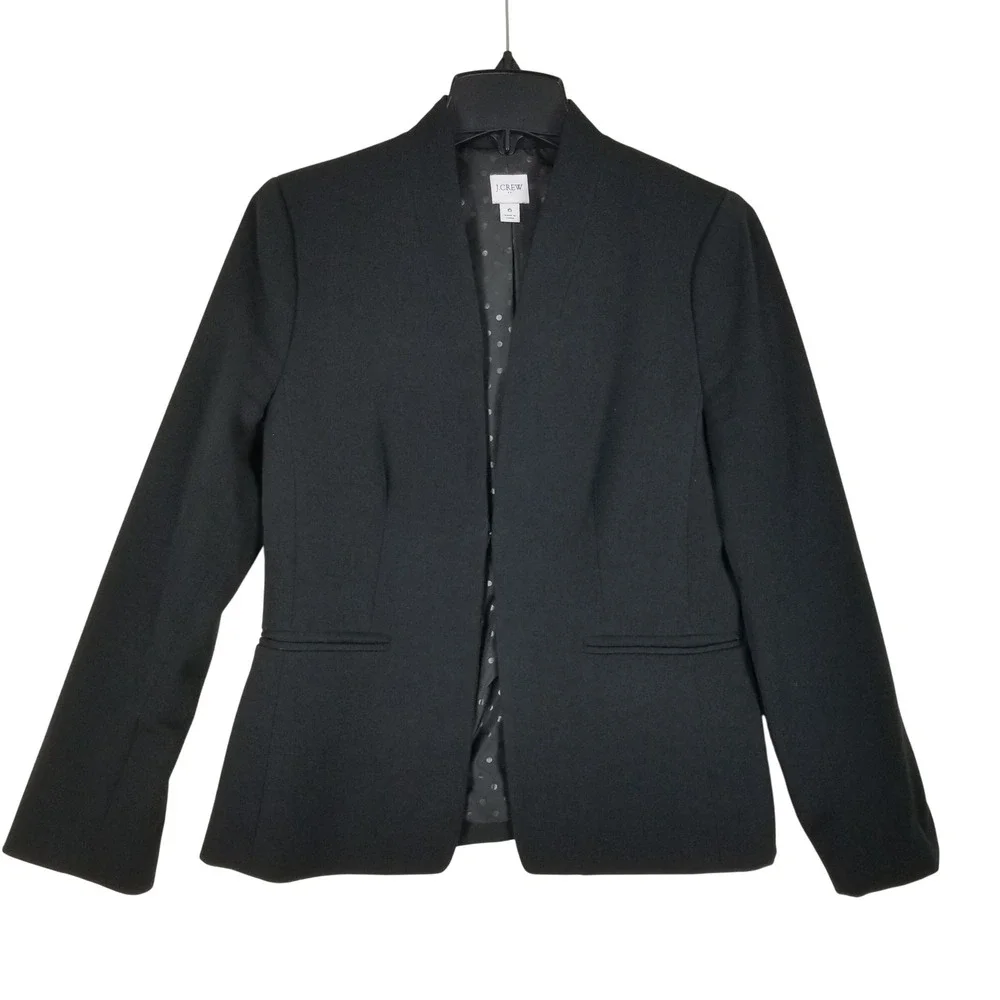 J.Crew Open Front Blazer Women 6 Black Polka Dot Lining Structured Workwear